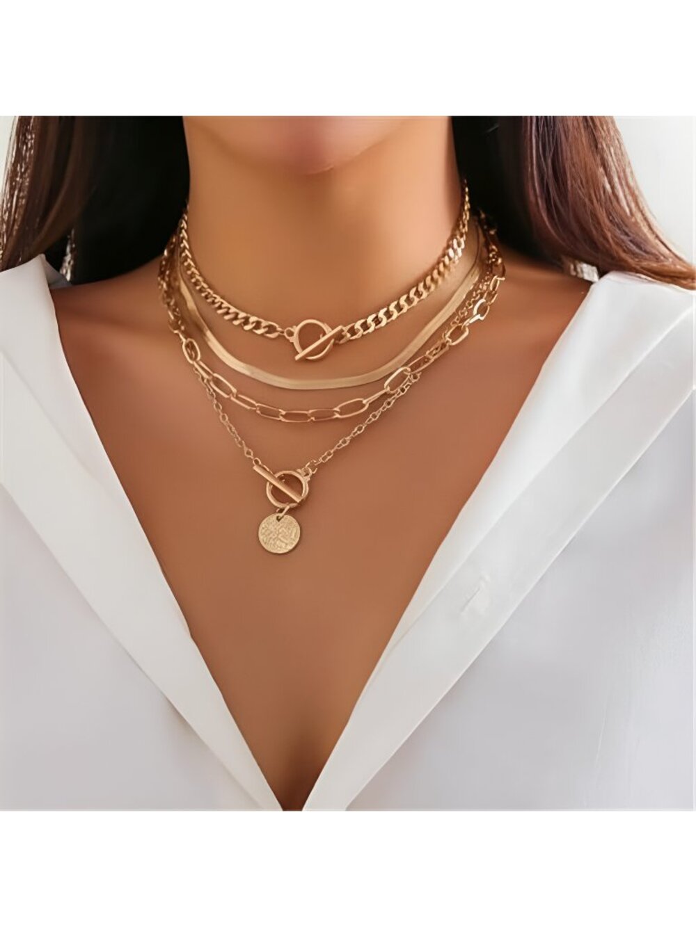Gold Layered Stack Necklace Set for Women, Retro Thick Cuban Chain Coin